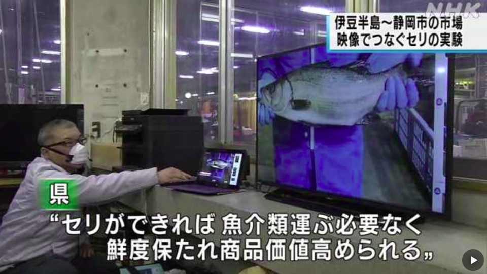 NHKの番組で遠隔せりの実験を説明するこうたろう